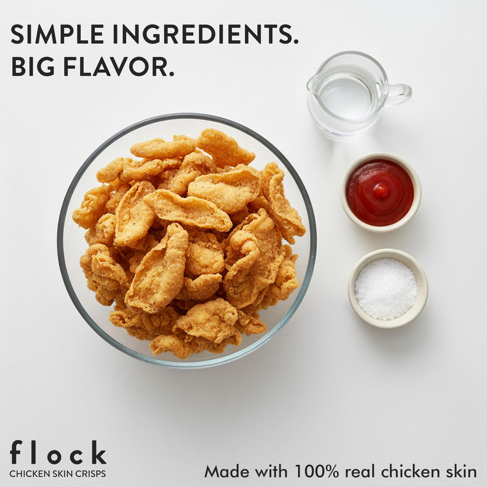 Flock Keto Chicken Skin Chips Salt & Vinegar with dips and salads for a satisfying snack.