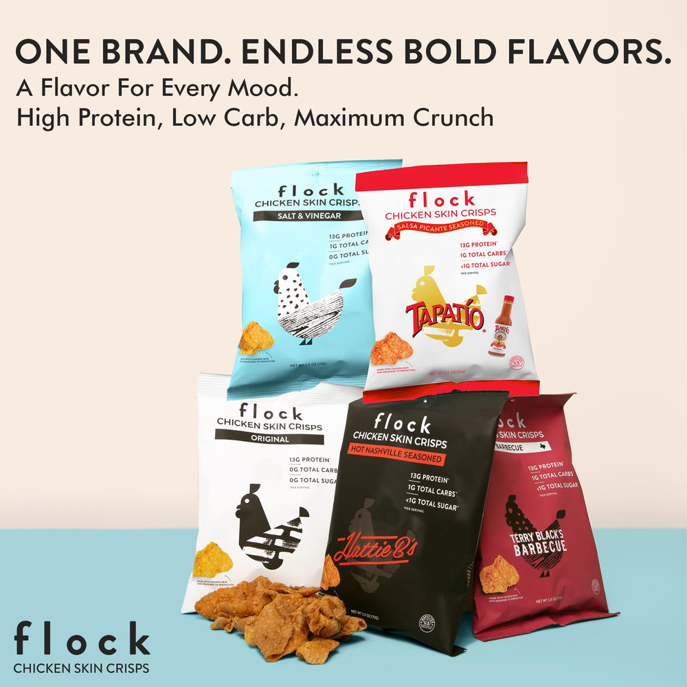 Flock Keto Chicken Skin Chips pairing with dips for a protein boost.