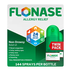 Flonase allergy relief nasal spray bottle with 144-spray capacity for all-day comfort.