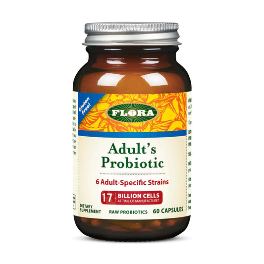 Flora Adults Probiotic bottle front showing daily gut support