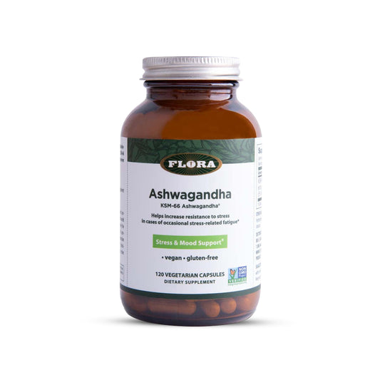 Flora Ashwagandha KSM-66 bottle showing stress support potential.