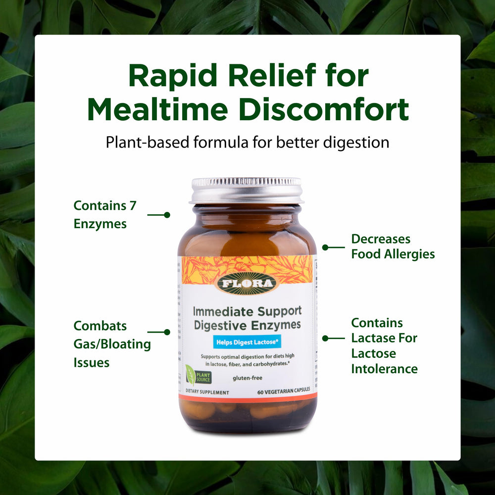 Flora Enzyme Blend label with FCC potency seal emphasizing full-spectrum enzymes