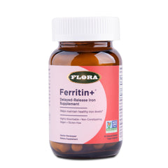 Flora Ferritin+ bottle shown, highlighting plant-based iron support for daily energy.