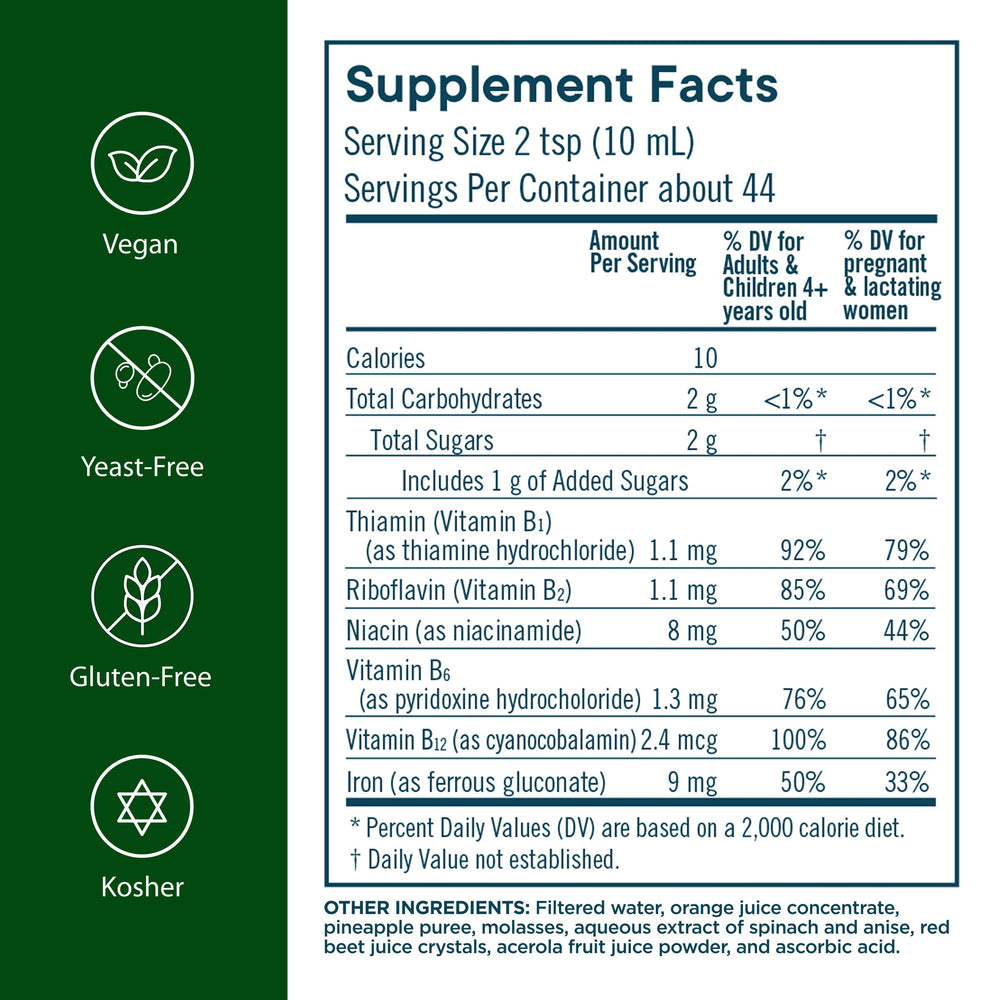Flora Iron label close-up highlighting liquid iron for easy absorption.