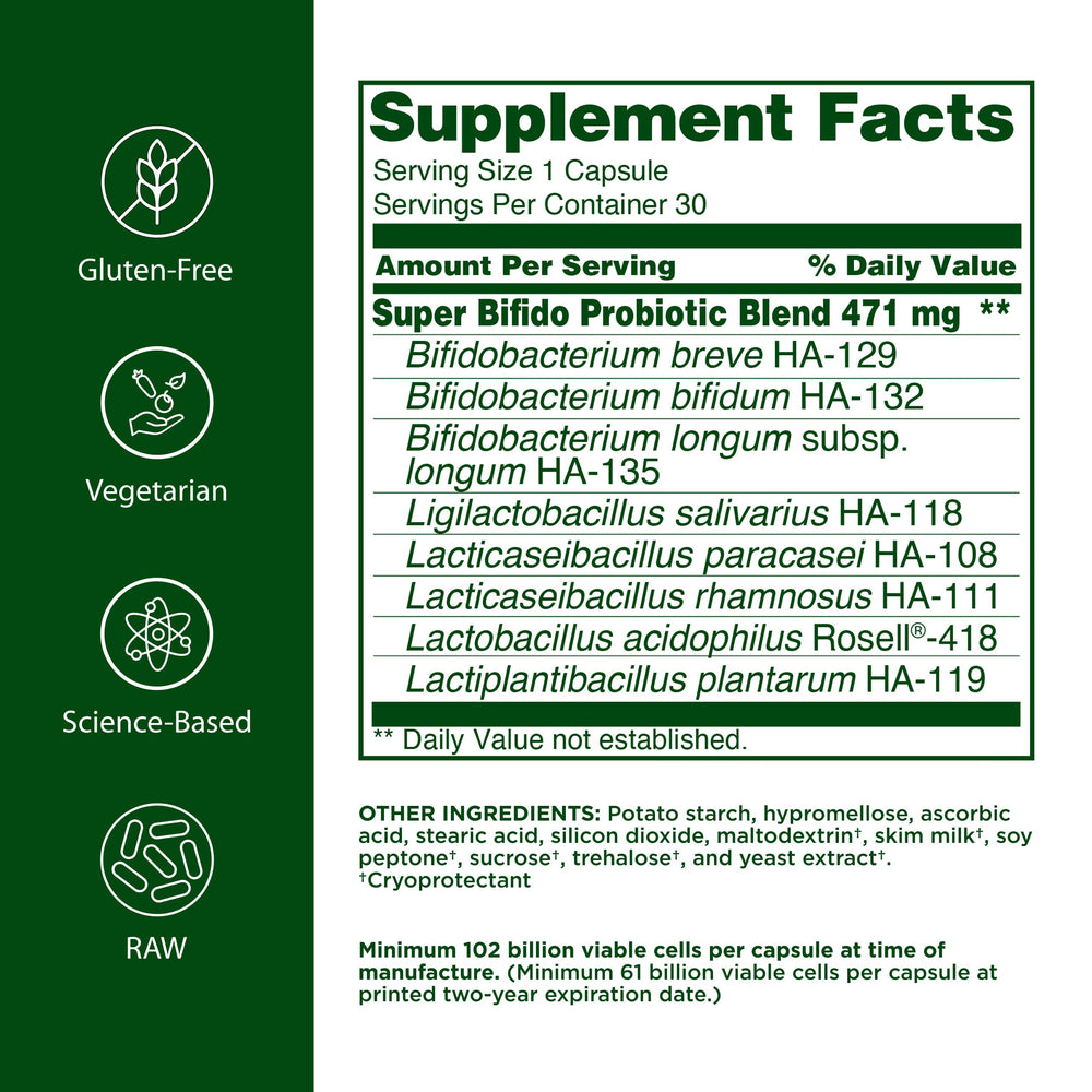 Flora Super Bifido Plus bottle label highlighting multi-strain potency