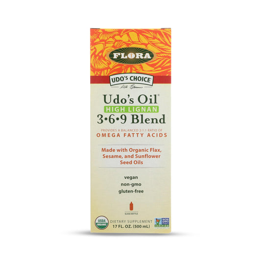 Flora Udo's Choice High Lignan bottle shows balanced omega fats for daily nutrition.