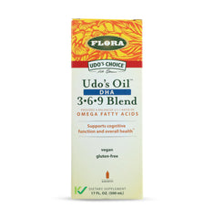 Flora Udo's Oil DHA 3-6-9 bottle — plant-based omega for brain and eye health