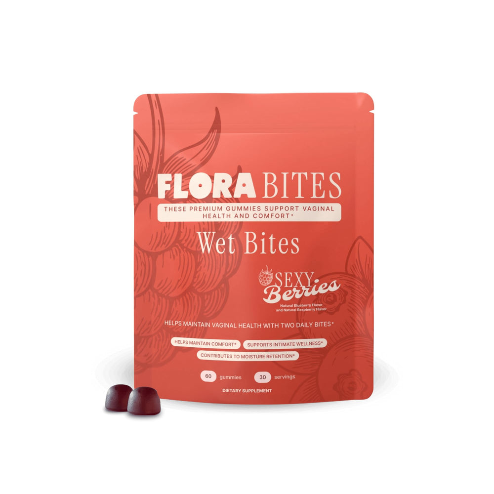 Flora Bites vaginal balance bottle pour demonstrates convenient daily hydration support.