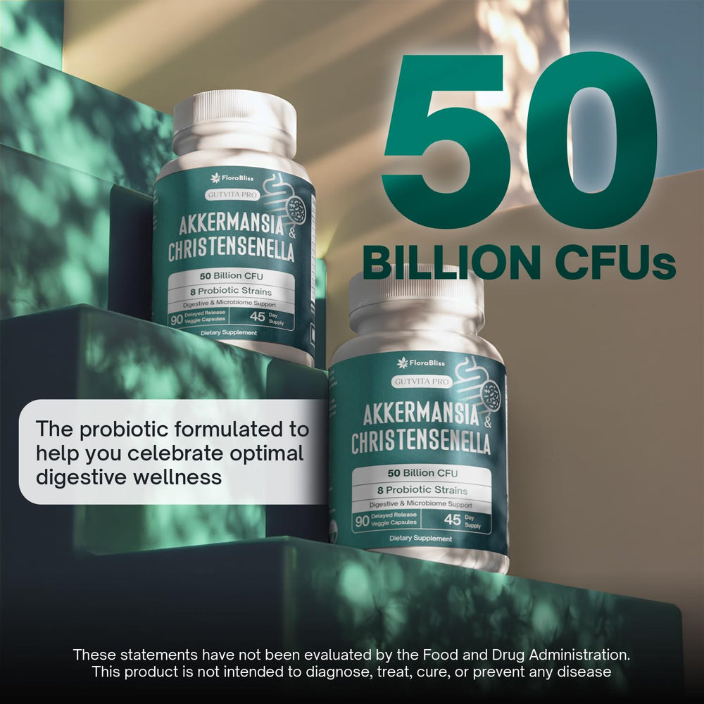 FloraBliss Bifidobacterium longum capsules on display for daily digestive wellness.