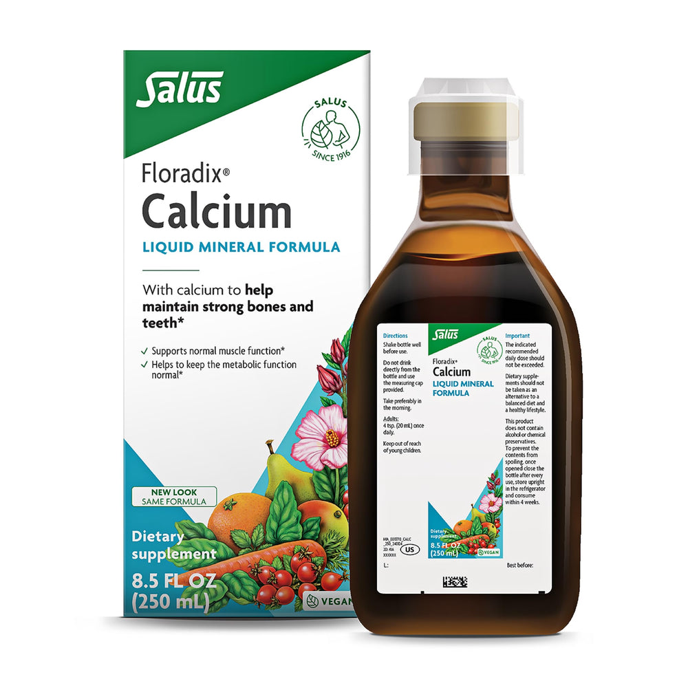 Floradix Calcium Liquid bottle showing calcium support for bones and teeth