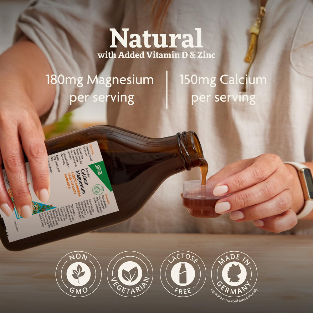 Measured Floradix Calcium Magnesium serving highlights convenient liquid format
