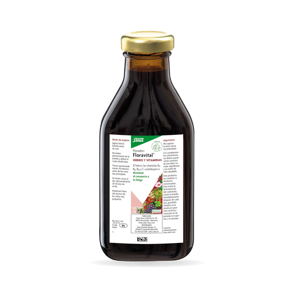 Floradix Floravital Liquid Iron dosing spoon measures a daily serving