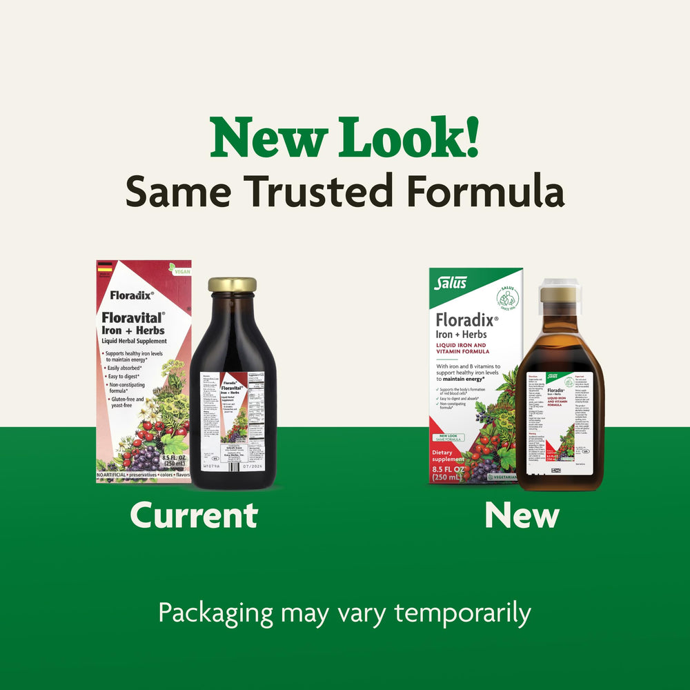 Measuring spoon beside Floradix bottle helps accurate serving