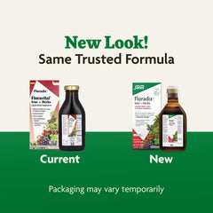 Measuring spoon beside Floradix bottle helps accurate serving