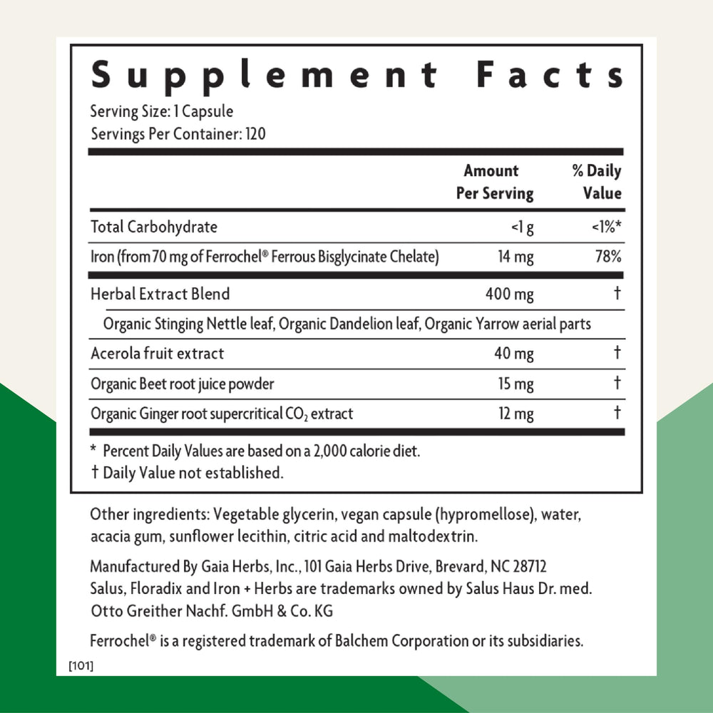 Floradix Iron + Herbs bottle label with vegan, non-GMO features highlighted