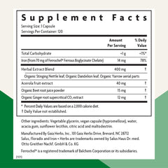 Floradix Iron + Herbs bottle label with vegan, non-GMO features highlighted