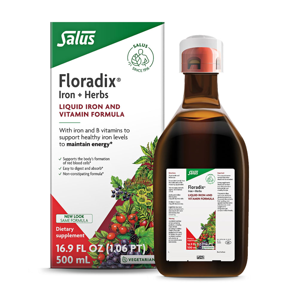 Floradix Iron & Herbs liquid bottle for daily iron support.