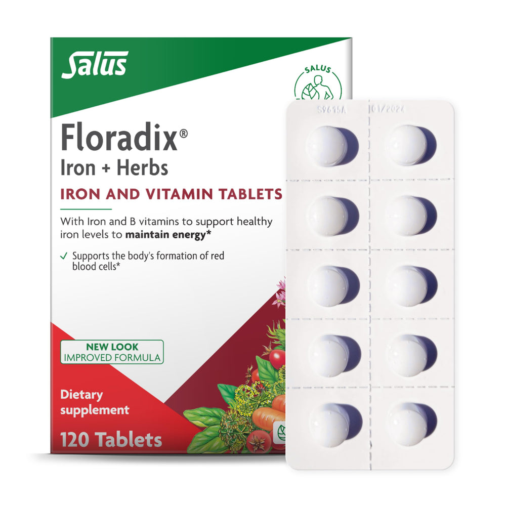 Floradix iron tablets packaging showing vegetarian formula for energy support