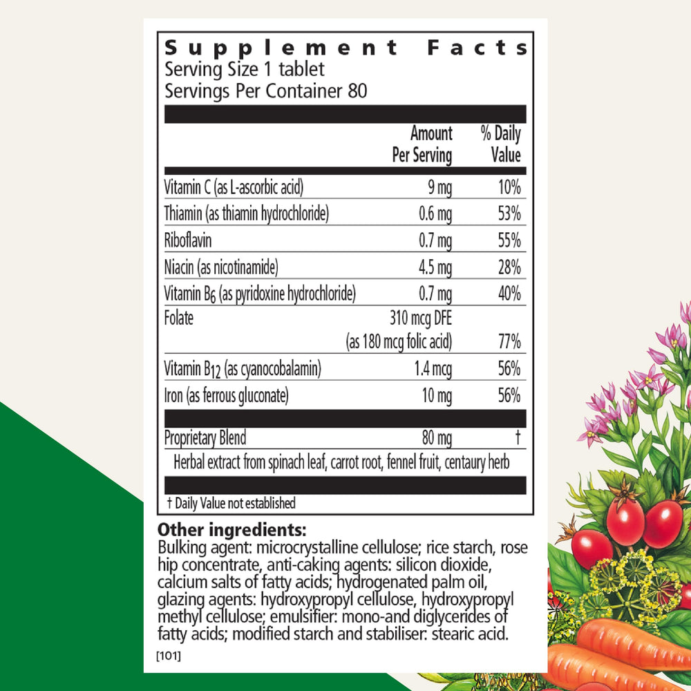 Serving per bottle illustration showing one tablet per day for iron support.