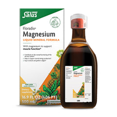 Floradix Magnesium bottle pour shows a gentle liquid supplement for daily mineral support.
