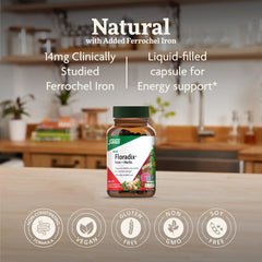 Floradix phyto-caps dispensed glass shows vegan iron pairing for daily vitality.