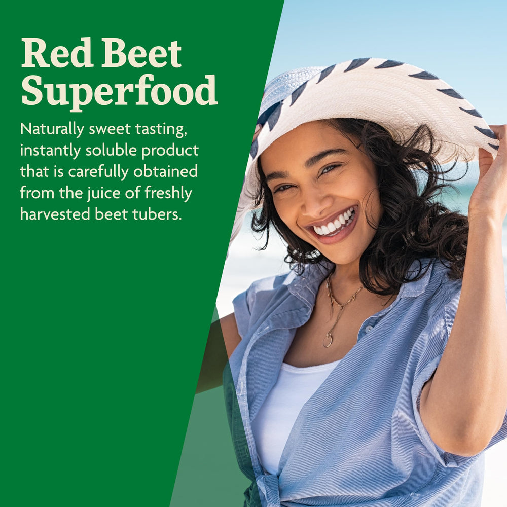 Floradix red beet crystals packaging highlighting organic and vegan features