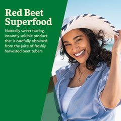 Floradix red beet crystals packaging highlighting organic and vegan features
