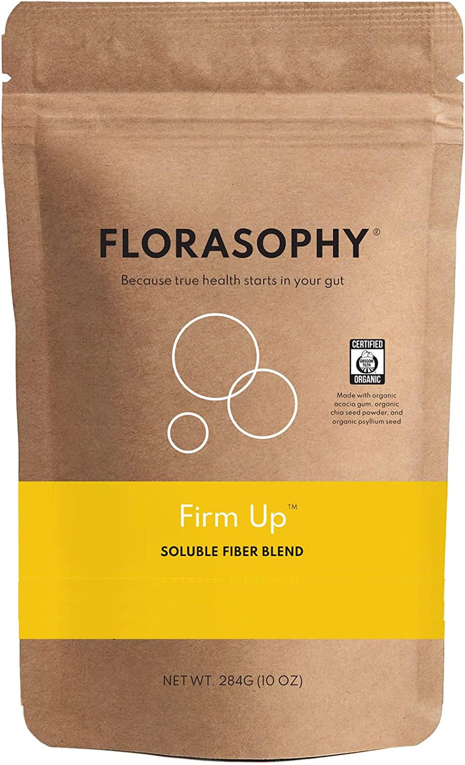 Florasophy Firm Up bottle pour shows easy mixing for steady daily digestion.
