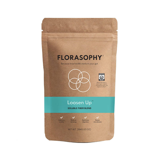 Florasophy Loosen Up bottle closeup, a gut-friendly soluble fiber supplement for daily regularity