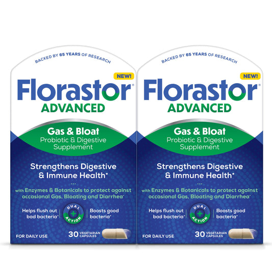 Florastor Advanced Gas and Bloat probiotic bottle with capsules for digestive comfort