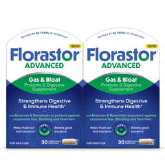 Florastor Advanced Gas and Bloat probiotic bottle with capsules for digestive comfort