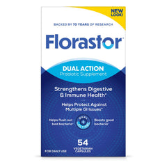 Florastor bottle front showcasing brand and capsules for daily digestive balance.