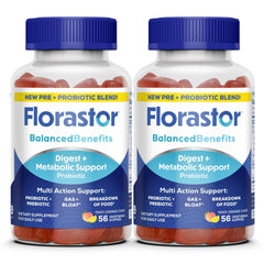 Florastor Peach Lemon Gummies bottle front highlighting flavor and probiotic blend for digestive support.