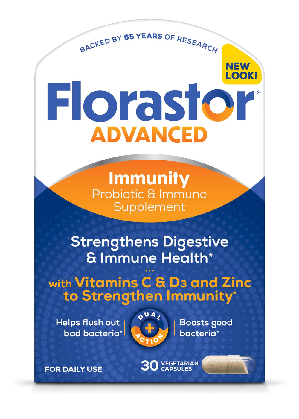 Florastor Select immunity bottle showing daily probiotic capsules for immune support.