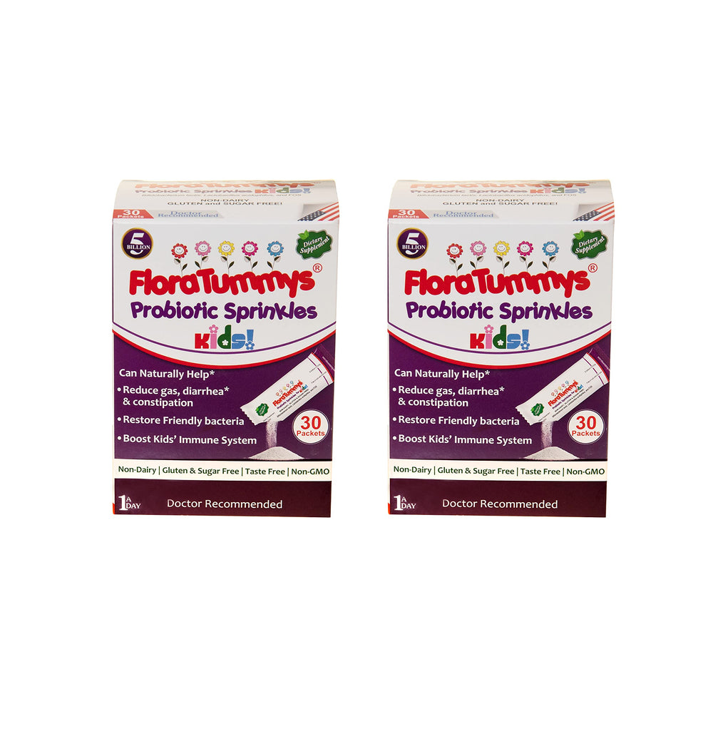 FloraTummys Probiotic Sprinkles packaging front, kid-friendly and allergen-free.