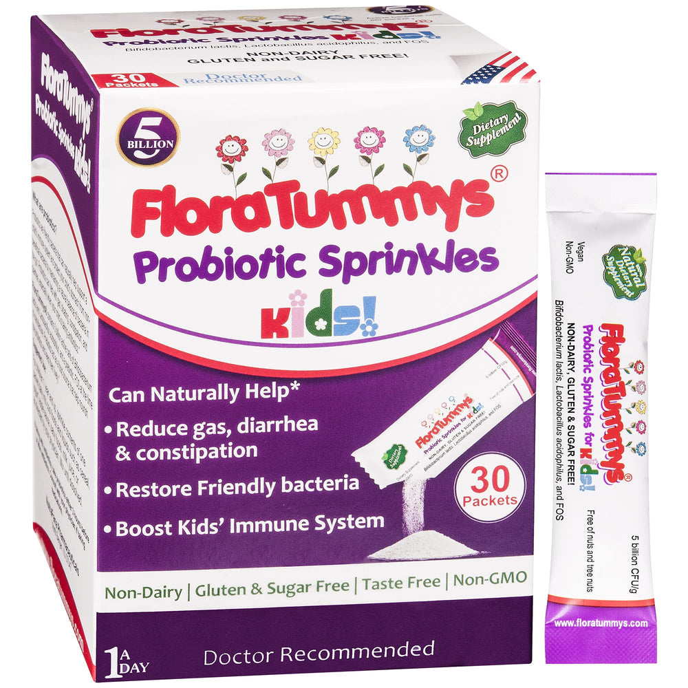 FloraTummys Probiotic Sprinkles being poured over food for easy serving.
