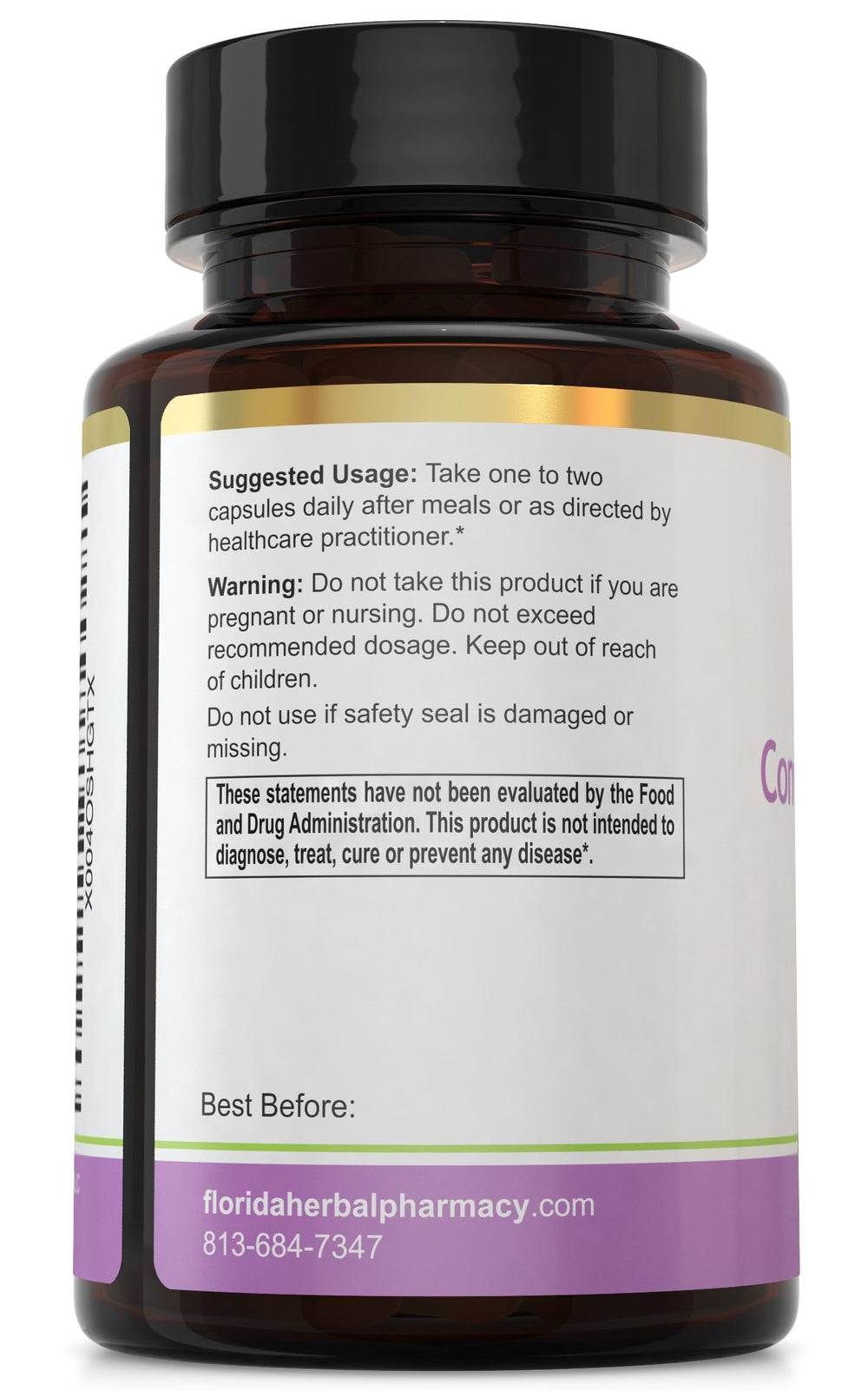Florida Herbal Pharmacy bottle and label showing GMP certification and safety.