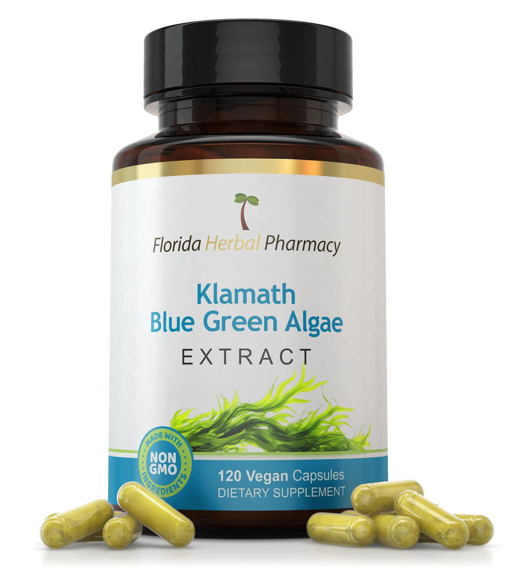 Florida Herbal Pharmacy Klamath Blue Green Algae Extract bottle, convenient daily capsule for routine wellness.