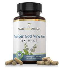 Florida Herbal Pharmacy Thunder God Vine Root bottle displaying label for convenient daily supplementation.