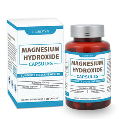 Florvyn magnesium hydroxide capsules bottle side view for daily digestive support.