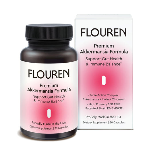 Flouren gut-health bottle featuring Akkermansia EB-AMDK19 for digestion support.