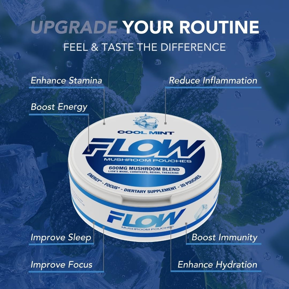 Flow Pouches Mushroom Energy Ingredients Detail; features lion’s mane, reishi, and cordyceps blend.