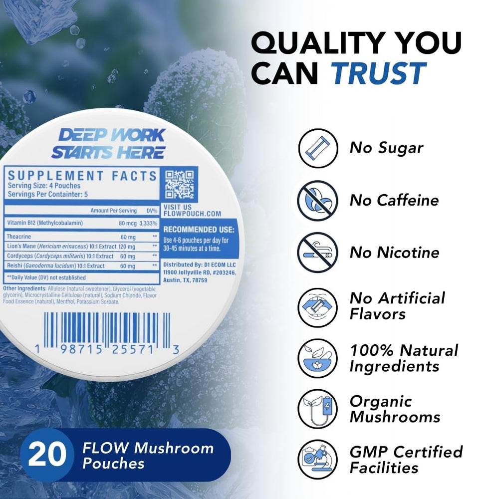 Flow Pouches Mushroom Energy Smooth Mint Close; mint aroma with a clean lift.