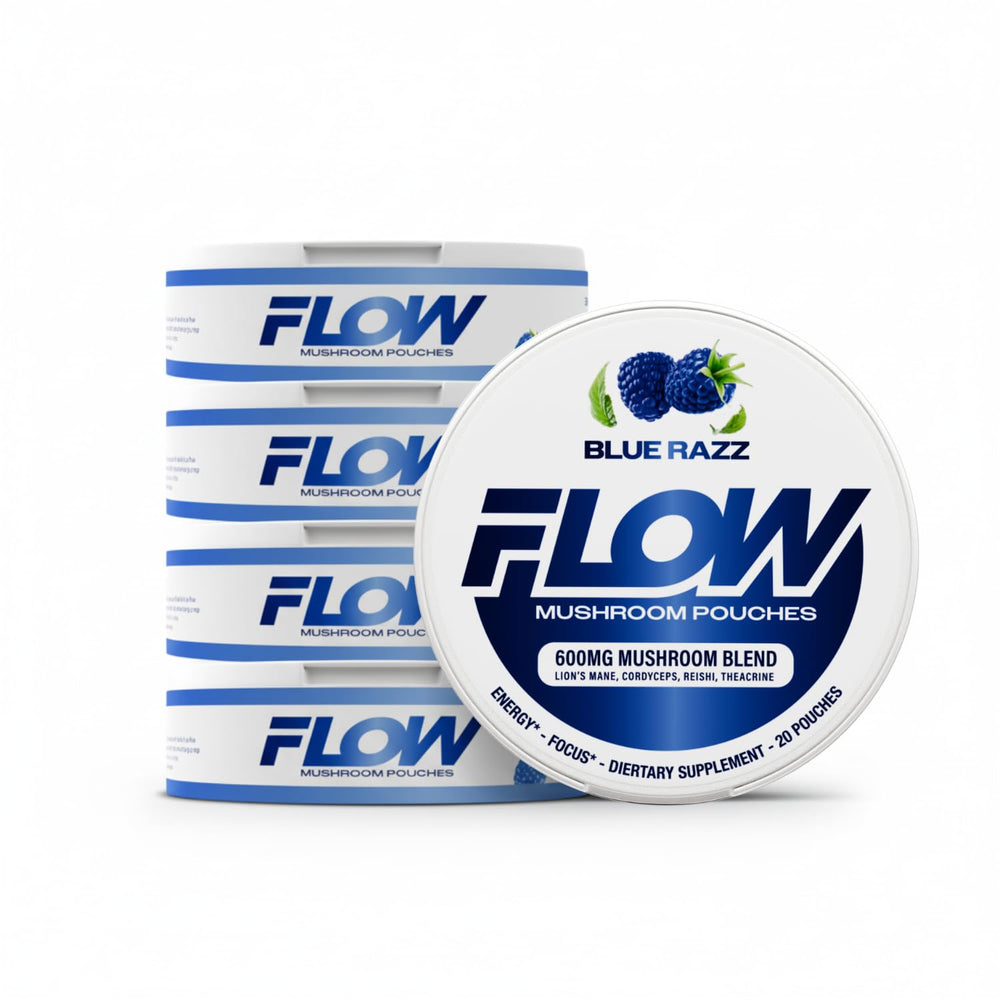 Flow Pouches Mushroom Nootropic Blue Razz front-pack shows caffeine-free focus option