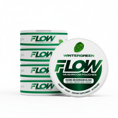Flow Pouches mushroom nootropic can in wintergreen for focused work without caffeine