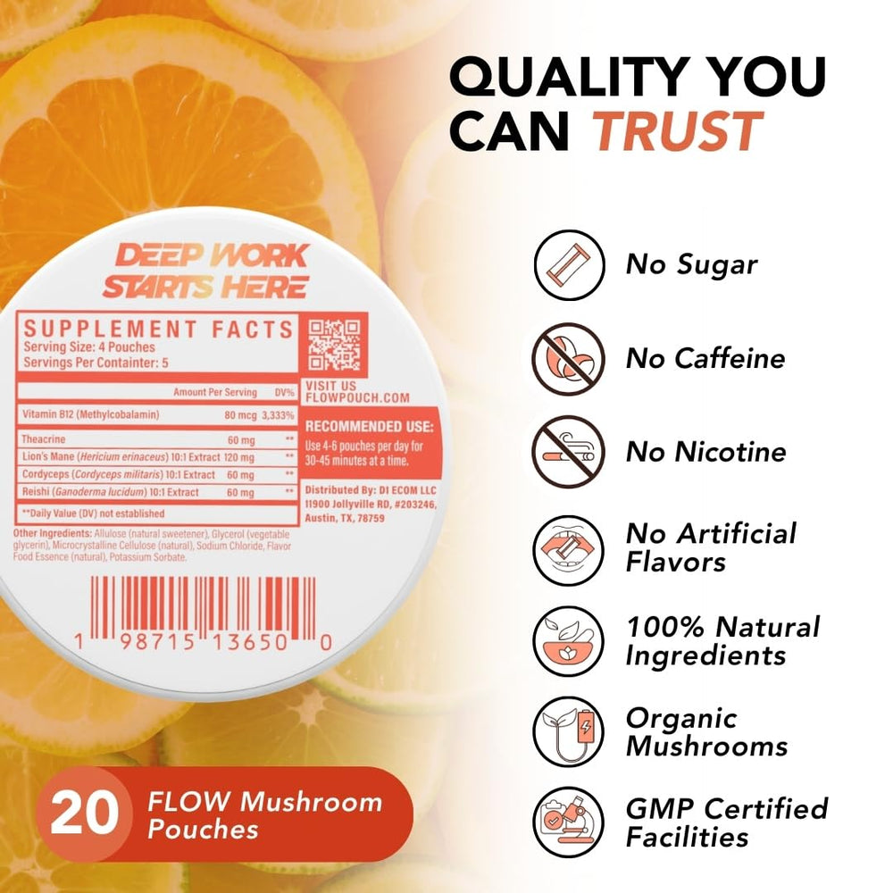 Flow Pouches Mushroom Nootropic crisp citrus flavor delivers a refreshing lift anytime.
