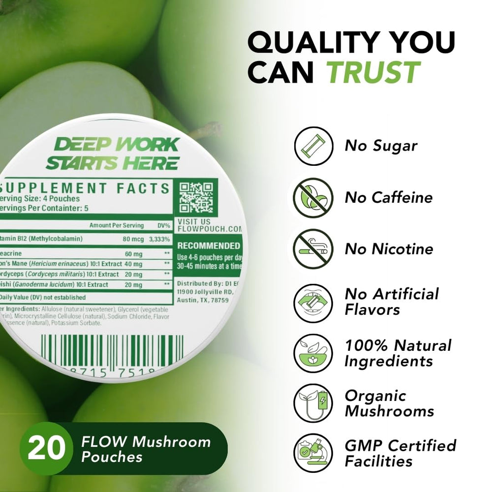 Flow Pouches packaging back label highlights organic mushroom ingredients.