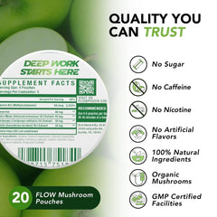 Flow Pouches packaging back label highlights organic mushroom ingredients.