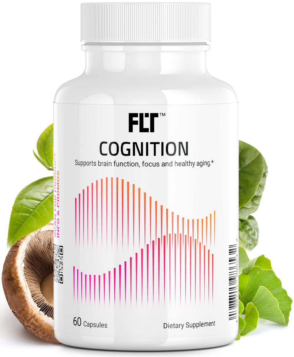 FLT Cognition bottle front showing vegan capsules for focused daily use