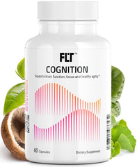 FLT Cognition bottle front showing vegan capsules for focused daily use